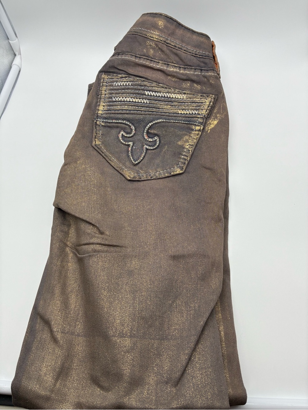 NWOT Rock revival skinny Brown Metallic Accent Jeans Embroidered Back Pocket
